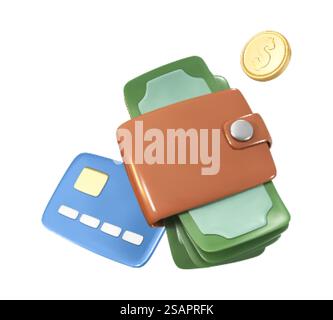 3D-Cartoon-Geldbörse mit Dollarscheine, Kreditkarte und Goldmünze. Bargeld im Geldbeutel. Geld sparendes Konzept. Finanzielle Investitionen der Unternehmen. Online-Zahlung und Cashback. Vektor-3D-Illustration Stock Vektor