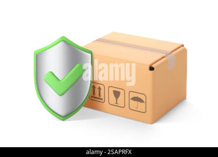 3D-Paketkasten und Schild mit grünem Häkchen. Transportversicherung, Transportsicherheit und Logistikkonzept. Vektor-3D-Illustration Stock Vektor