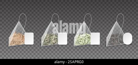 Teebeutel. Realistische Pyramiden. 3D-Teebeutel für die Zubereitung von grünen oder schwarzen und Kräuterblütengetränken. Isolierte Packungen, Set mit leerem Kartonetikett, Modell. Trockene Blätter in Dreiecken. Vektor Chinesisches Getränk. Teebeutel. Realistische Pyramiden. 3D-Teebeutel für die Zubereitung von grünen oder schwarzen und Kräutergetränken. Packungen mit leerem Kartonetikett, Modell. Trockene Blätter in Dreiecken. Vektor Chinesisches Getränk Stock Vektor