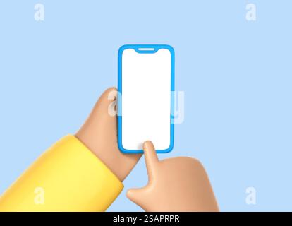 3D-Zeichentrick menschliche Hände mit Smartphone mit leerem Bildschirm isoliert auf blauem Hintergrund. Leeres Display des Smartphones mit dem Finger berühren. Vektor-3D-Illustration Stock Vektor