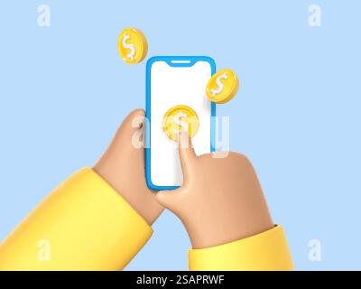 3D-Zeichentrickhandhandheld Smartphone mit fliegenden Dollarmünzen auf blauem Hintergrund. Online-Banking-Konzept. 3D-Vektordarstellung Stock Vektor