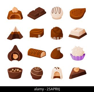 Schokoladenbonbons. Zeichentrick-Bonbons-Kollektion. Desserts aus süßer Milch und Kakao mit Nüssen oder Sahnepraline. Isolierte köstliche Süßwaren. Verschiedene grafisch leckere Trüffel. Vektor-isoliertes Lebensmittelset. Schokoladenbonbons. Zeichentrick-Bonbons-Kollektion. Desserts aus süßer Milch und Kakao mit Nüssen oder Sahnepraline. Köstliche Süßwaren. Verschiedene leckere Trüffel. Vektor-isoliertes Lebensmittelset Stock Vektor