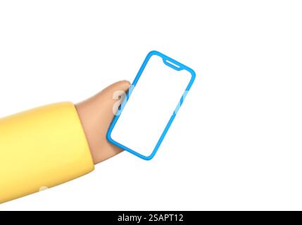 Handheld-Smartphone mit 3D-Zeichentrick und leerem Bildschirm auf weißem Hintergrund. Menschliche Hand zeigt modernes Smartphone mit leerem Display. Vektor-3D-Illustration Stock Vektor