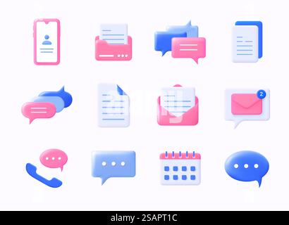 Realistische Nachrichtensymbole. 3D-Chat-Symbole aus Kunststoff. Sprechblase für SMS-Kommunikation von Mobiltelefonen. Elementvorlagen für Informationsbenachrichtigungen und E-Mail-Schnittstellen. Vektor-isolierte Smartphone-Schilder Set. Realistische Nachrichtensymbole. 3D-Chat-Symbole aus Kunststoff. Sprechblase für mobile SMS-Kommunikation. Elementvorlagen für Informationsbenachrichtigungen und E-Mail-Schnittstellen. Vektor-Smartphone-Schilder gesetzt Stock Vektor