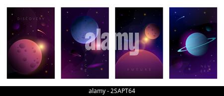 Raumposter. Futuristische Astronomie Sternenhintergründe mit Galaxienplaneten und Asteroiden. Kosmischer Nebel und Kometen. Universum-Entdeckung. Science-Fiction-Cover-Kollektion. Vektor-galaktische Banner Set. Raumposter. Futuristische Astronomie-Hintergründe mit Galaxienplaneten und Asteroiden. Nebel und Kometen. Universum-Entdeckung. Science-Fiction-Cover-Kollektion. Vektor-galaktische Banner Set Stock Vektor