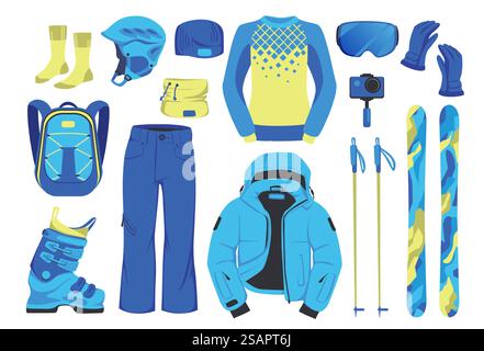 Skiausrüstung. Winter Bergbekleidung Kit. Schutzhelm und Schutzbrille. Wasserdichte Jacke und Hose. Blauer Rucksack oder Stiefel. Isolierte Ausrüstung für sportliche Aktivitäten. Vector Extreme Freizeitkleidung Set. Skiausrüstung. Winter Bergbekleidung Kit. Schutzhelm und Schutzbrille. Wasserdichte Jacke und Hose. Rucksack oder Stiefel. Ausrüstung für sportliche Aktivitäten. Vector Extreme Freizeitkleidung Set Stock Vektor