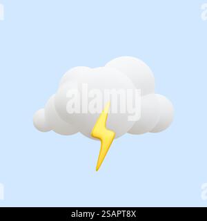 3D realistisches Symbol der Sturmwolke mit Blitz auf blauem Hintergrund. Vektorabbildung. Stock Vektor