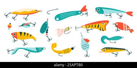 Doodle Angelköder. Abstrakte zeitgenössische Fischköder in verschiedenen Größen und Formen für Angler. Farbiges, handgezeichnetes fisher-Zubehör mit Haken. Vector isolierter Kunststoff-Stab-Wobbler-Satz. Doodle Angelköder. Abstrakte zeitgenössische Fischköder in verschiedenen Größen und Formen für Angler. Farbige handgezeichnete fisher-Accessoires mit Haken. Vector isolierte Kunststoff-Wobbler-Set Stock Vektor