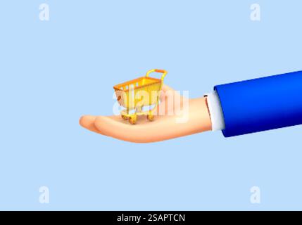 3D-Zeichentrickfilm menschliche Hand, die den Einkaufswagen isoliert auf blauem Hintergrund hält. Vektor-3D-Illustration Stock Vektor