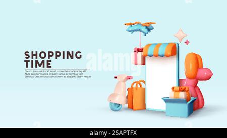 Online-Shop. Einkaufszeit. Kreatives Konzeptdesign. Realistisches 3D-Mobiltelefon, Moto-Roller, fliegende Drohne, Geschenkbox und Shopping. Kurierdienst Lieferung. Landing-Page. Vektorabbildung Stock Vektor