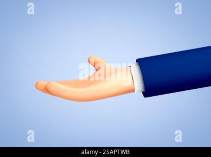 Cartoon 3D Hand zeigt etwas, demonstriert, hält etwas, isoliert auf blauem Hintergrund. Vektor-Handgeste im 3D-Cartoon-Stil Stock Vektor