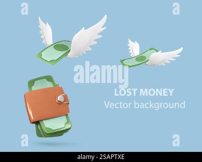 3D Geldbörse und Dollarscheine mit weißen Flügeln auf blauem Hintergrund. Fluggeld. Konzept für verlorene Gelder oder Ausgaben. Vektorabbildung Stock Vektor