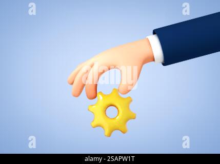 Zeichentrickfigur eines Geschäftsmannes, der ein Schild mit Ausrüstung hält. Symbol für professionelles Werkzeug. Renovierungsservice-Konzept. Vektor-3D-Illustration. Stock Vektor