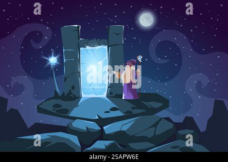 Assistent- und Portalszene. Zeichentrickfilm-Fantasy-Hintergrund mit Magier und glänzender Steinteleportationstür. Märchenteleport im Felsbogen. Zauberer mit Personal, das nachts Magie macht. Vektorabbildung. Assistent- und Portalszene. Zeichentrickfilm-Fantasy-Hintergrund mit Magier und Stein-Teleportationstür. Märchenteleport im Felsbogen. Zauberer macht nachts Magie. Vektorabbildung Stock Vektor
