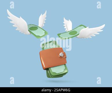 3D Geldbörse und Dollarscheine mit weißen Flügeln auf blauem Hintergrund. Fluggeld. Konzept für verlorene Gelder oder Ausgaben. Vektorabbildung Stock Vektor