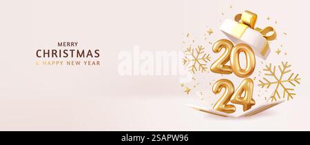 Weihnachten und Neujahr 2024 Grußkarte mit offener Geschenkbox mit Zahlen, Kugeln, Geschenkboxen, Konfetti, Bändern und Schneeflocken. 3D-Rendering. Vektorabbildung. Grußkarte zu Weihnachten und Neujahr 2024 Stock Vektor