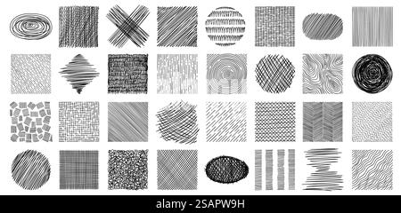 Scribble-Schraffurtexturen. Schmutzige Linien und Kratzer verschiedener Formen, kreative abstrakte Konturen und Schraffureffekte. Vektor-Kritzelstriche und Kritzeleien Set von schmutzigem Kratzer und chaotischer Illustration. Scribble-Schraffurtexturen. Schmutzige Linien und Kratzer verschiedener Formen, kreative abstrakte Konturen und Schraffureffekte. Vektor-Kritzelstriche und Kritzeleien isolierter Satz Stock Vektor