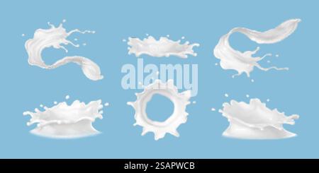 Realistische Milchspritzer mit Tropfen und Spritzern. Flüssigkeit wirbelt und tropft in Form der Krone. Flüssigkeitsströmungsströme eingestellt. Milchiges oder frisches Milchprodukt. Vektor realistisch. Stock Vektor