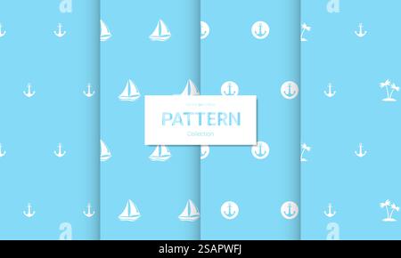 Set aus hellblauen nahtlosen Mustern. Nahtlose nautische Vektortexturen. Stock Vektor
