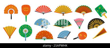 Flache asiatische Fans. Gefaltete orientalische Bambuspapierfächer, offene traditionelle chinesische japanische und koreanische Accessoires. Vektorsammlung von Fan japanische traditionelle Illustration. Flache asiatische Fans. Gefaltete orientalische Bambuspapierfächer, offene traditionelle chinesische japanische und koreanische Accessoires. Vektorsammlung Stock Vektor
