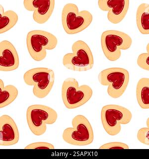 Nahtloses Muster mit herzförmigem Keks mit Erdbeermarmelade im Cartoon-Stil. Liebes-Symbol von linzer Keks für Valentinstag Urlaub für Bäckerei Stock Vektor