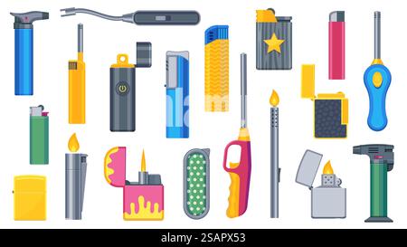 Feuerzeugset. Zeichentrick Einweg- und wiederverwendbare Feuerzeuge Icons, Zündgeräte für brennbare Brennstoffe, brennbare Zigaretten aus Kunststoff und Gas. Vektor-isolierte Sammlung. Tragbares Gerät für Rauchen oder Flammen. Feuerzeugset. Zeichentrick Einweg- und wiederverwendbare Feuerzeuge Icons, Zündgeräte für brennbare Brennstoffe, brennbare Zigaretten aus Kunststoff und Gas. Vektor-isolierte Sammlung Stock Vektor