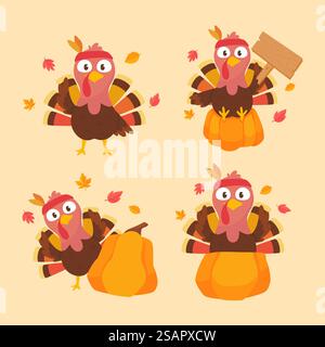 Frohe Thanksgiving-Zeichentrickfilm truthahn süß und Kürbis im Herbst Stock Vektor