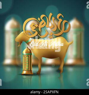 Arabischer Kalligraphietext von Eid Mubarak zur Feier des muslimischen Gemeindefestes Eid Al Adha. Grußkarte mit Opferschafen und Sichel auf bewölktem Nachthintergrund. Vektorabbildung. Stock Vektor