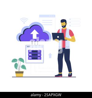 Konzeptdarstellung der Cloud-Computing-Technologie. Illustration des flachen Vektors auf weißem Hintergrund isoliert Stock Vektor