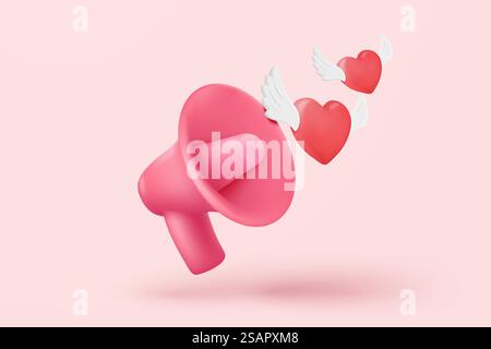 3D-Megaphon-Lautsprecher für romantische valentinskorposition. Festliche Dekorationsgegenstände zum Valentinstag, Herz- und Liebesemoji-Ikonen. 3D-Freisprecheinrichtung Romantik-Symbol-Vektor-Rendering-Illustration Stock Vektor
