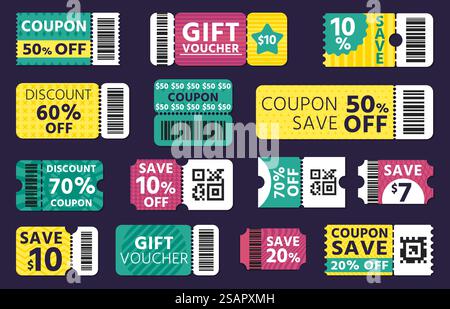 Coupon-Vorlage. Rabattbanner mit Barcode, Einkaufsgutschein, Rabattkarte, Rabattcode, Angebotszertifikat. Vektor-E-Commerce-Modell von Rabatt und Coupon, spezielle Label-Promo-Illustration. Coupon-Vorlage. Rabattbanner mit Barcode, Einkaufsgutschein, Rabattkarte, Rabattcode, Angebotszertifikat. Vektor-E-Commerce-Modell Stock Vektor