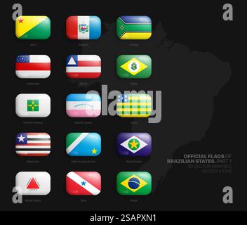 Alle offiziellen Flaggen von brasilianischen Staaten 3D-Vektor gerundete glänzende Symbole Set isoliert auf Hintergrund Teil 1. Brasilianische Verwaltungsbereiche Der Ersten Ebene – Leuchtend Leuchtende Farben – Bauchige Tasten – Designelemente. Offizielle Flaggen der brasilianischen Staaten 3D Vektor gerundete Glossy Icons Set Stock Vektor