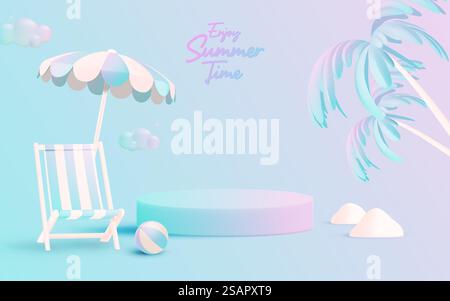 Sommer- und Strandthemen mit Podiumsbühne im realistischen 3D-Kunststil mit pastellfarbener minimaler Vektorillustration Stock Vektor