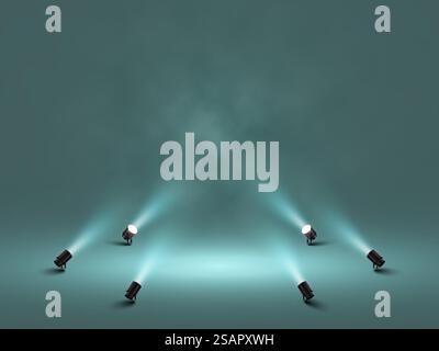 Spots mit hellem, weißem Licht als Bühne. Leuchteffekt-Projektor. Abbildung: Projektor für Studio. Vektordarstellung. Stock Vektor