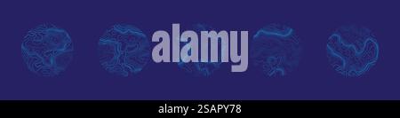 Verschiedene topographische Konturkarten in Kreisen setzen Vektor Panorama abstrakten Hintergrund. Terrain Texture Collection – Zeitgenössisches Design In Blau. Ocean Depth Relief Line Art Illustration. Verschiedene topographische Konturkarten in Kreisen Vektor Panorama abstrakter Hintergrund Stock Vektor