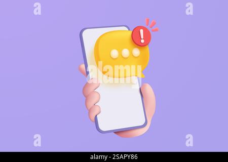 Symbol für 3D-Sprechblasen auf dem Mobiltelefon mit Warnmeldung. Kommentar oder Benutzerantwort unterzeichnen False, richtig, Problem, Fehlschlagen der Chat-Nachricht in sozialen Medien. 3D-Blasensymbol-Vektor mit Schattenrenderillustration Stock Vektor