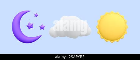 Realistische 3D-Wettersymbole auf blauem Hintergrund. Violetter Halbmond mit Sternen, Wolke und gelber Sonne im Zeichentrickstil. Vektorabbildung. Stock Vektor