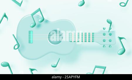 Gitarre oder Ukulele mit Musiknoten, Lied, Melodie oder Tune 3D realistisches Vektorsymbol für Musik-Apps und Websites Hintergrundvektorillustration Stock Vektor