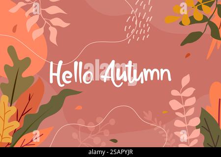 Herbstbanner dekorieren mit fallenden Blättern und Schriftzügen auf farbenfrohem Hintergrund. Herbstbanner mit Blättern und Schriftzügen auf farbenfrohem Hintergrund dekorieren Stock Vektor