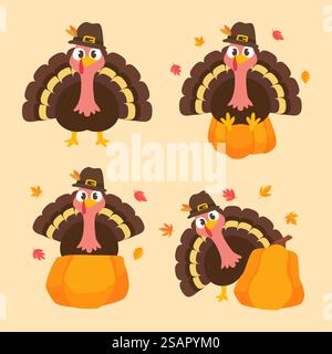 Frohe Thanksgiving-Zeichentrickfilm truthahn süß und Kürbis im Herbst Stock Vektor