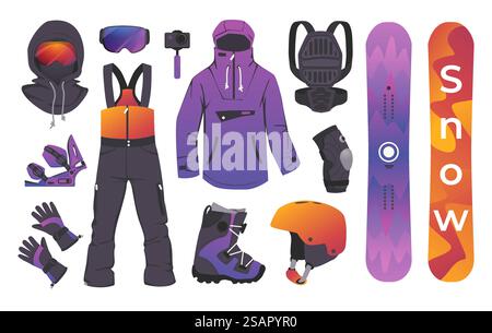 Wintersport-Kit. Skiausrüstung und Kleidung für sportliche Aktivitäten. Bindet Stiefel. Schutzhelm und Schutzbrille. Rucksack und Snowboard. Extreme Mountain Travel Tools Kollektion. Vektor-Bekleidungsset. Wintersport-Kit. Skiausrüstung und Kleidung für sportliche Aktivitäten. Bindet Stiefel. Helm und Schutzbrille. Rucksack und Snowboard. Extreme Mountain Travel Kollektion. Vektor-Bekleidungsset Stock Vektor
