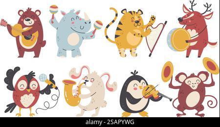 Tiere spielen Musik. Niedliche glückliche Tierfiguren mit verschiedenen Musikinstrumenten. Zeichentrickfilme wilde Künstler. Bandgeräusche. Orchesteraufführung der Waldbewohner. Vektor-isolierte lustige Musiker Set. Tiere spielen Musik. Fröhliche Tierfiguren mit verschiedenen Musikinstrumenten. Zeichentrickfilme wilde Künstler. Bandgeräusche. Orchesteraufführung der Waldbewohner. Vektor lustige Musiker Set Stock Vektor