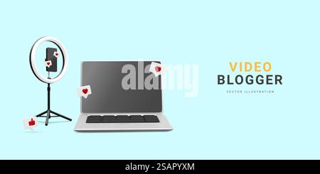 3D realistischer Blogger-Arbeitsplatz mit Laptop und Telefon auf Stativ mit Glühbirne. Livestream-Konzept. Heimstudio für Videostreaming in sozialen Netzwerken. Vektorabbildung. Stock Vektor