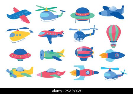 Kindlicher Lufttransport. Lustige Farben Kinderflugzeuge, Raketen, Flugzeuge und Ballons, verschiedene Arten fliegendes Babyspielzeug, helle Gegenstände, Kinderzimmer Dekor einfache Objekte, Vektor-Cartoon flache Stil isolierte Set. Kindlicher Lufttransport. Lustige Farben Kinderflugzeuge, Raketen, Flugzeuge und Ballons, verschiedene Arten fliegendes Babyspielzeug, helle Gegenstände, Kinderzimmer Dekor, Vektor-Cartoon flache Stil isolierte Set Stock Vektor