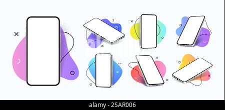 Mockup des Mobiltelefons. Realistische Smartphones auf hellen abstrakten Hintergründen. Leerer Gerätebildschirm für App-Schnittstelle. Ansicht von verschiedenen Seiten auf Gadgets mit Kopierraum. Vektormonitor des 3D-Mobiltelefons. Mockup des Mobiltelefons. Realistische Smartphones auf abstraktem Hintergrund. Leerer Bildschirm für App-Schnittstelle. Ansicht von verschiedenen Seiten auf Gadgets mit Kopierraum. Vektormonitor des 3D-Mobiltelefons Stock Vektor