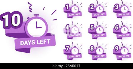Banner für Tagesanzahl. Countdown noch verbleibende Tage, 1 2 3 4 5 6 7 8 9 10 Werbebanner und Abzeichen für Sonderangebote. Vektor isolierte Set-Illustrationen nummerierte Banner mit 1 vor 10. Banner für Tagesanzahl. Countdown noch verbleibende Tage, 1 2 3 4 5 6 7 8 9 10 Werbebanner und Abzeichen für Sonderangebote. Vektor-isolierter Satz Stock Vektor