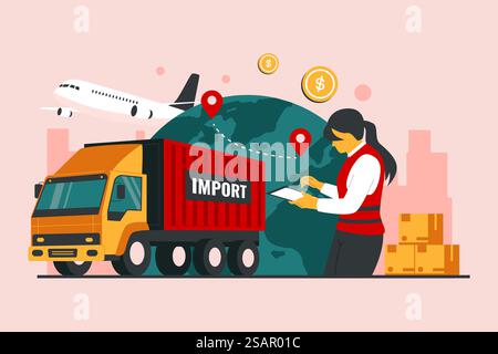 Illustrationskonzept für den globalen Logistikdienst. Logistikkonzept für den Frachtimport. Illustration der Vektorabwicklung Stock Vektor