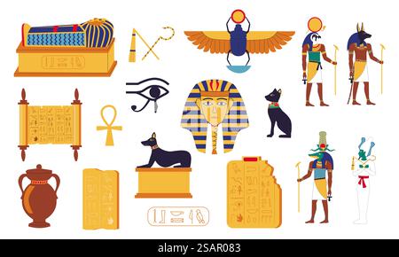 Ägyptische Hieroglyphen. Comic ägyptische Kulturelemente. Antike Gräber von Pharaonen, mythologischen Göttern, Schriften auf Steintafeln und Papyrus. Religiöse Symbole und Sakraltiere. Historischer Vektor-Satz. Ägyptische Hieroglyphen. Comic ägyptische Kulturelemente. Antike Gräber von Pharaonen, mythologischen Göttern, Schriften auf Steintafeln und Papyrus. Religiöse Symbole und Tiere, Vektorset Stock Vektor