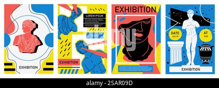 Antike Skulpturenplakate. Abstrakte Doodle-Banner mit antiken Statuen und Vasen. Kreatives, modernes Broschürendesign. Historische griechische oder römische Marmorkunst. Vektormuseum Ausstellung Flyer Set. Antike Skulpturenplakate. Abstrakte Doodle-Banner mit antiken Statuen und Vasen. Kreative, moderne Broschüren. Historische griechische oder römische Kunst. Vektormuseum Ausstellung Flyer Set Stock Vektor
