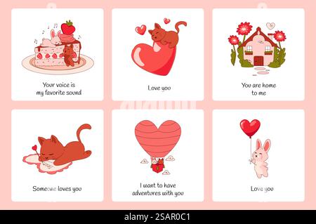 Poster mit romantischen Tieren. Cartoon-Grußkarten. Lustige Katzen und Kaninchen. Niedliche festliche Valentinskollektion. Kätzchen mit Ballon und Häschen mit rotem Herzsymbol. Vektor quadratische Feiertagsbanner Set. Poster mit romantischen Tieren. Cartoon-Grußkarten. Lustige Katzen und Kaninchen. Niedliche Valentinskollektion. Kätzchen mit Ballon und Häschen mit rotem Herzsymbol. Vektor-Feiertagsbanner gesetzt Stock Vektor